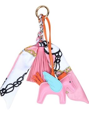 Pink Hermes Bag Charm Keychain with Scarf and Tassel